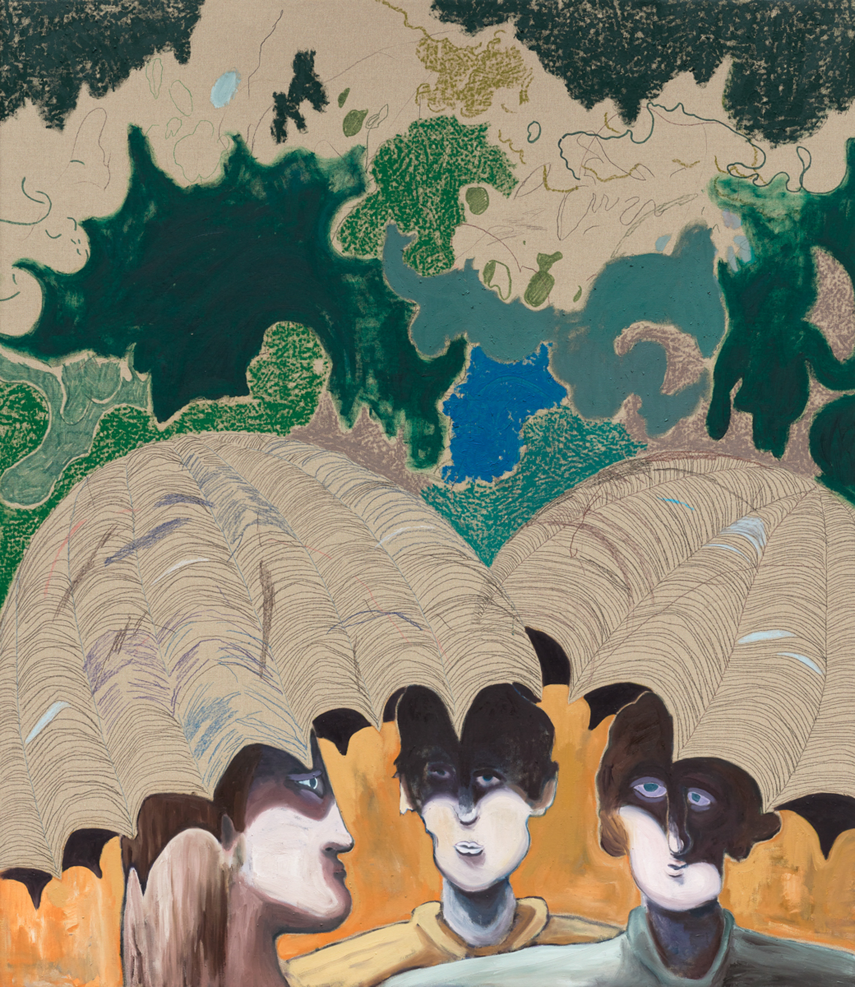 L‘Ombrelle à Trois, 2020, mixed media on canvas, 150 x 130 cm